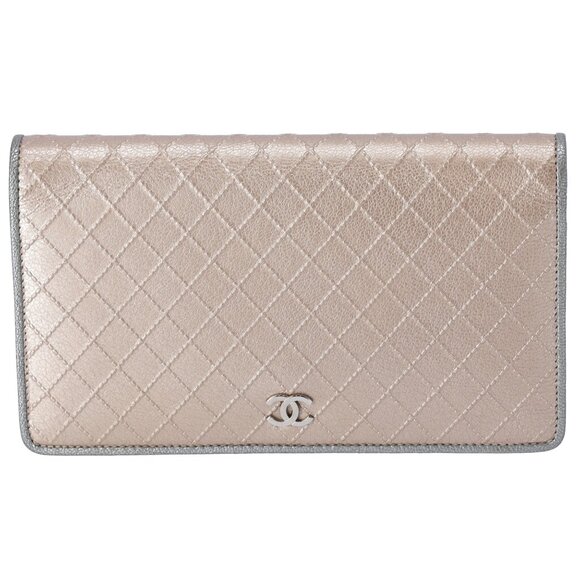 CHANEL Bicolor Long Bifold Wallet Champagne Gold Silver Leather Wallets